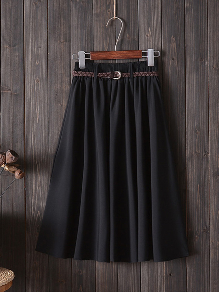 Midi genou longueur jupe d'été femmes avec ceinture mode coréenne dames taille haute plissée a-ligne jupe d'école femme