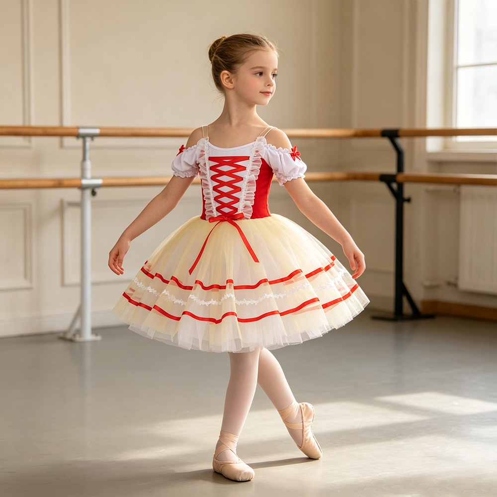 Robe de tutu de ballet professionnelle, jupe en tulle gaze coupe trapèze, rouge et blanc, manches bouffantes, nœud, costume de danse pour scène de princesse fée