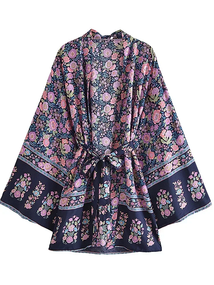Boho Queens Multi imprimé fleuri ceintures Kimono femmes manches chauve-souris bohème Robe de demoiselle d'honneur vacances plage Boho Bikini couvertures