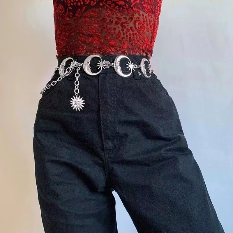 Ceinture de mode pour femme, chaîne fine en métal doré et argenté, style gothique, avec pendentif lune argenté, vintage, pour taille haute