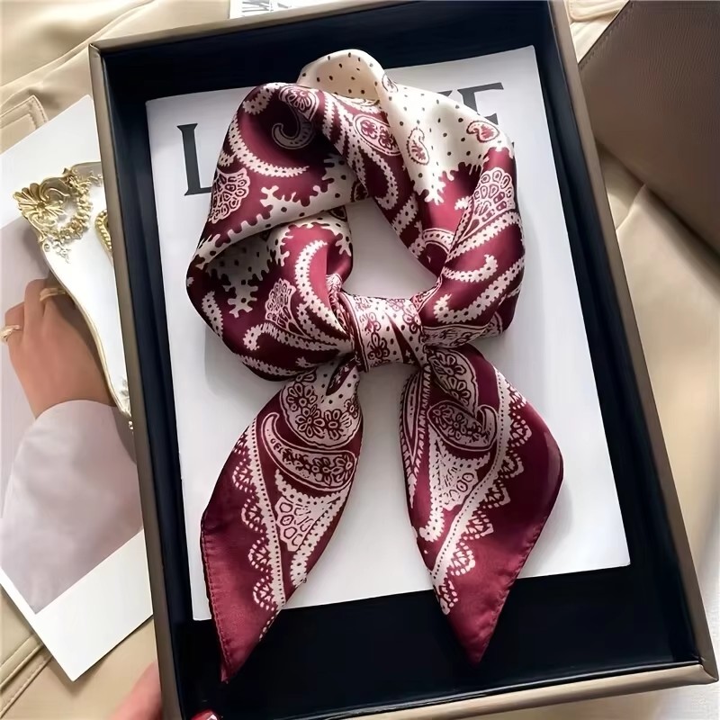 Nouveau Foulard Carré Fin en Satin Doux Effet Soie à Motif Paisley, Style Mature, Protection Solaire, pour Femme, Décoration