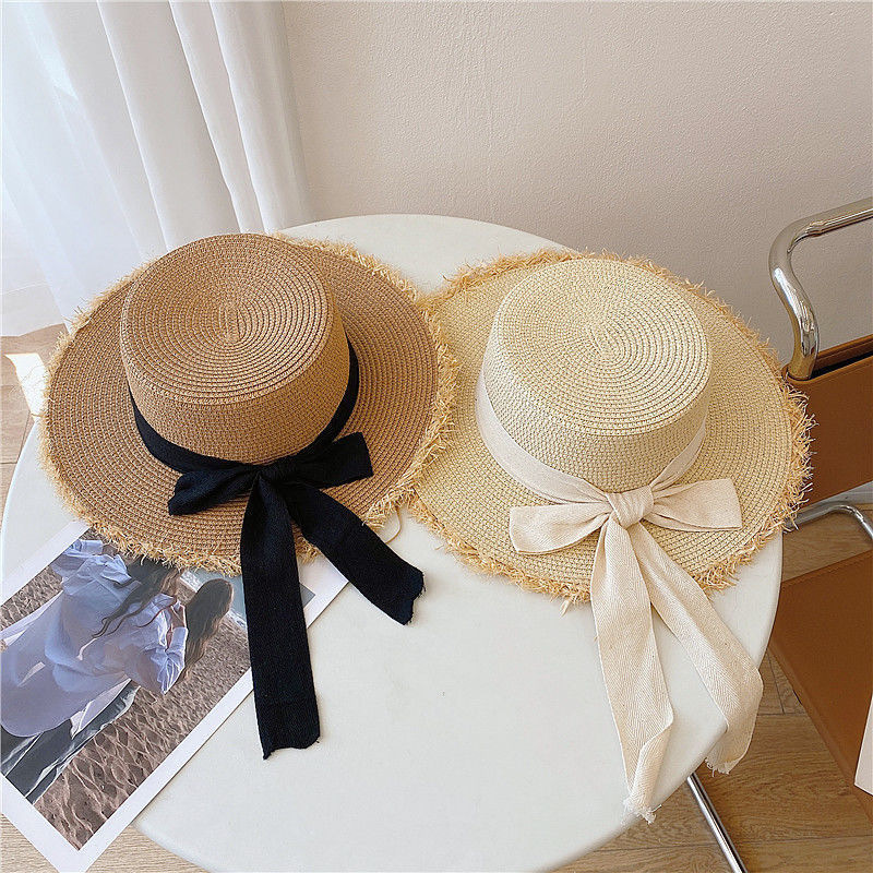 Chapeau de plage japonais tout bord poilu casquette de paille femme été plat haut sortie chapeau de soleil petit nœud frais pare-soleil chapeau de plage