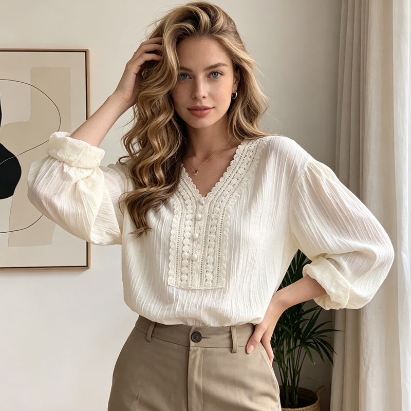 Chemise d'été ample à manches longues pour femme, chemisier élégant blanc pour femme de bureau, haut décontracté à col en V et manches lanternes, chemises pour femme
