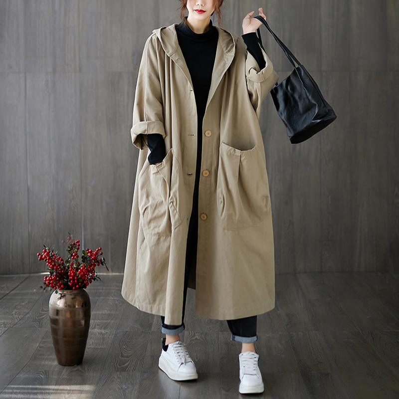 Femme Long manteau mode coréenne coupe-vent grande taille dames Trench 2025 automne à capuche poches amples Cardigan femmes Long manteau