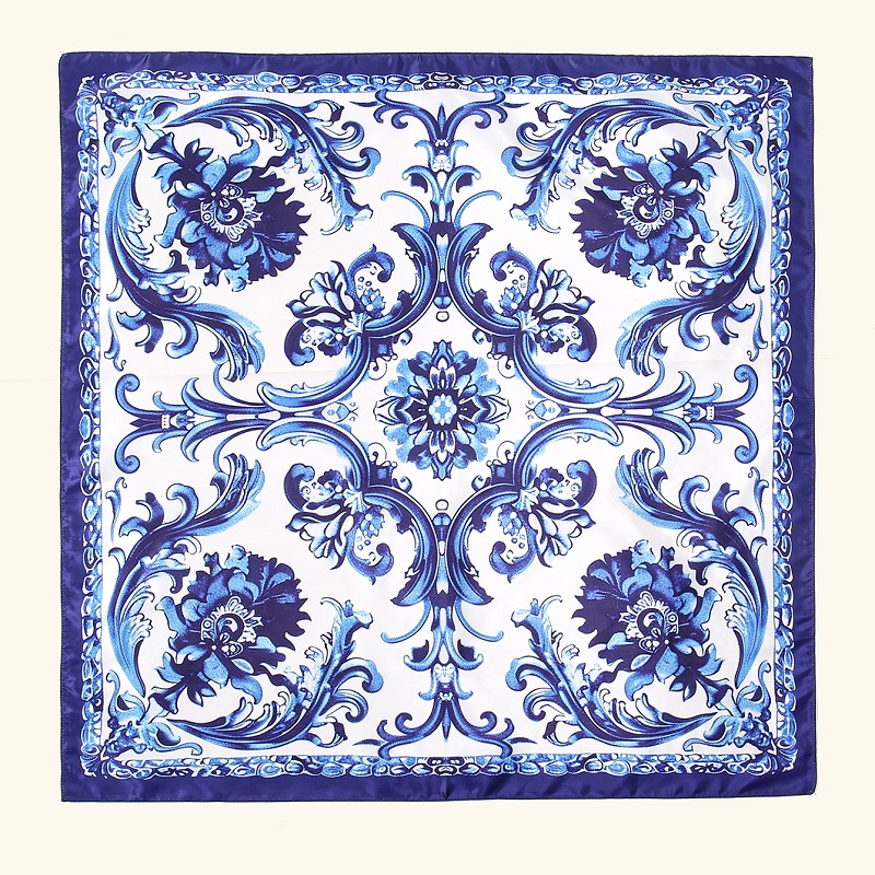 Écharpe carrée en satin pour femme, hijab musulman, écharpe de sauna, bandana imprimé en porcelaine bleue et blanche, bandeau de sauna, nouveau, 2024