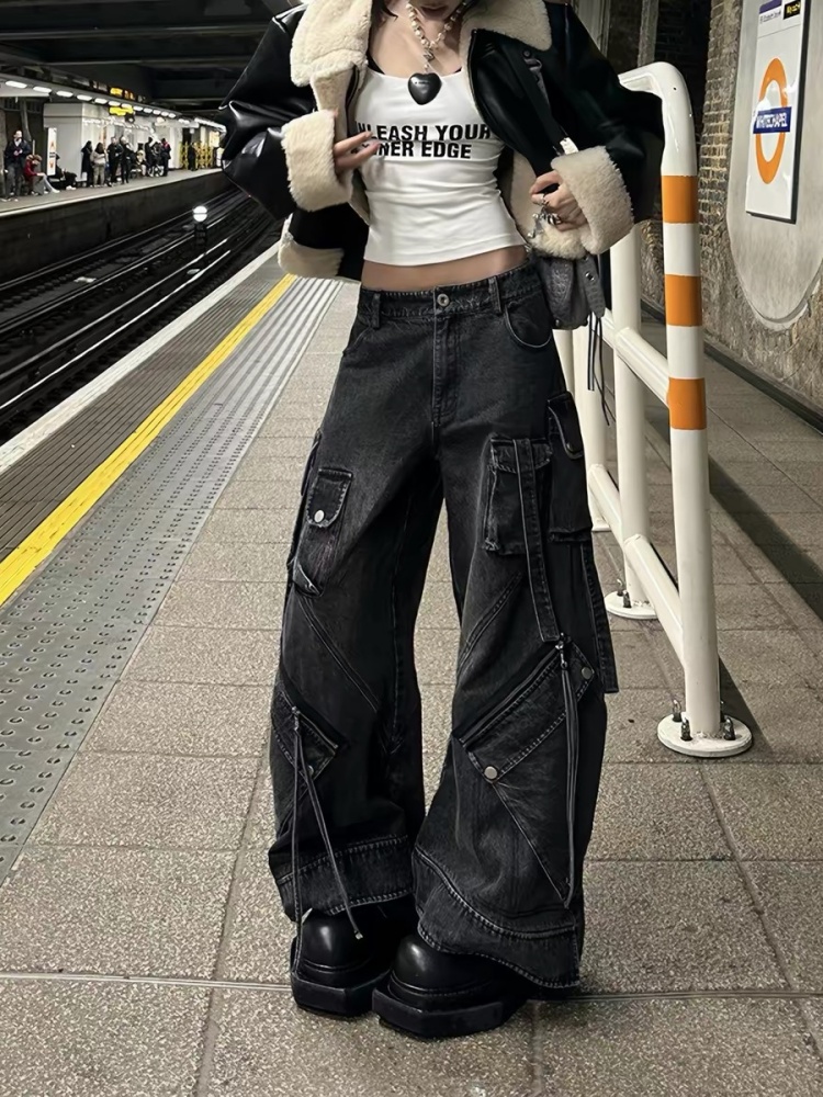 Jean noir pour femmes, pantalon Cargo, Streetwear, taille haute, jambes larges américaines, mode Style Y2K, pantalon droit d'hiver