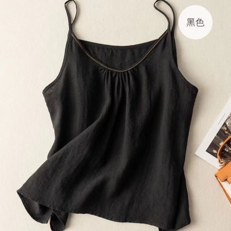 Minimalis Commute-Débardeur en pur coton pour femme, licou pour document solide, débardeur froncé rétro, camisole mince, été, nouveau