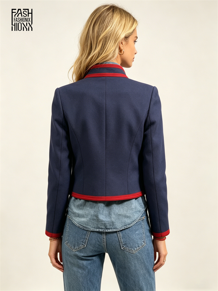 Veste de style Napoléon pour femme, manteau court à col montant et bordure tressée, vêtement d'extérieur tendance pour le printemps, nouvelle collection