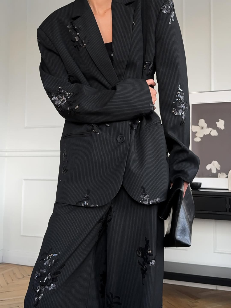 Costume chemise à paillettes pour femmes, élégant, revers, manches longues, haut, taille élastique, pantalon, ensemble 2 pièces, costumes de printemps de rue, 2026
