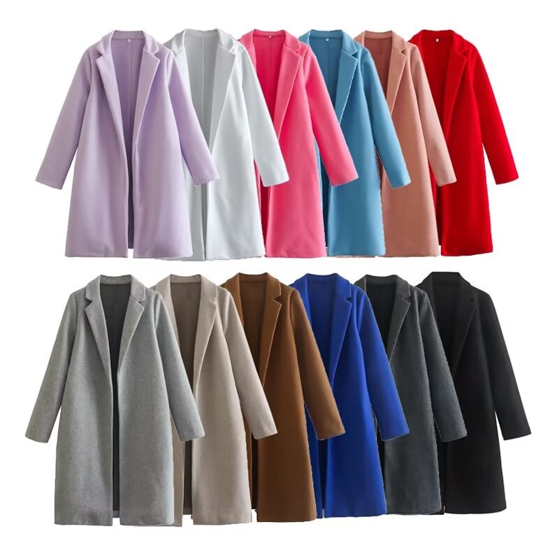 Manteau mi-long à col rabattu et manches longues, style automne, ouvert sur le devant, vêtement d'extérieur PB&ZA2025, manteau en polyester tendance pour femmes