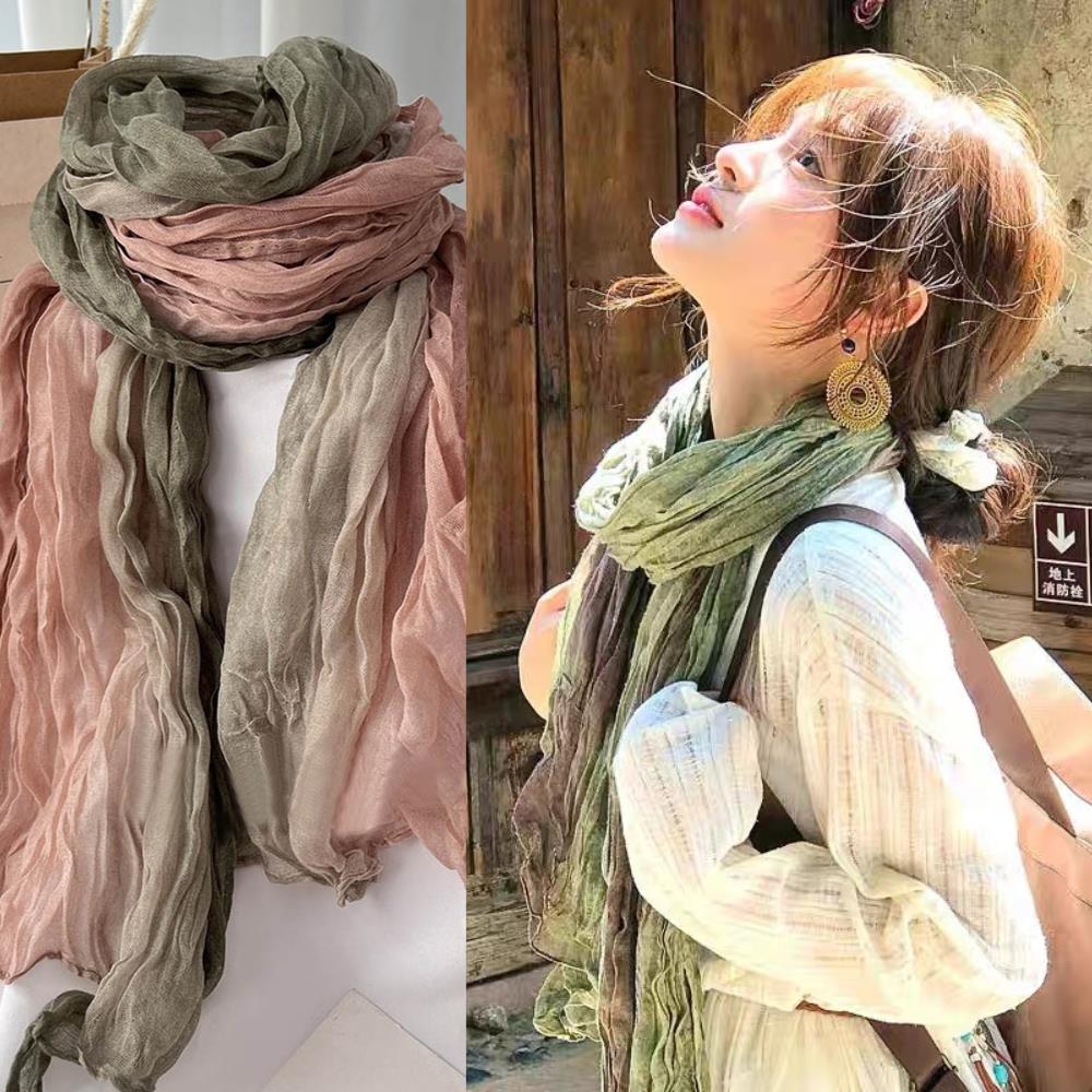 Foulard plissé en coton et chanvre pour femmes, écharpe en lin de couleur dégradée, tendance, châle pliable, coupe-vent, résistant au sable, 2025