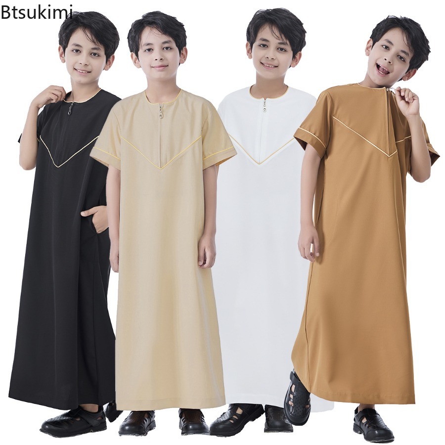 Robe musulmane saoudienne pour garçons, Dishdasha, Abaya, Kaftan, vêtements de prière islamiques, Thobe à manches courtes, tenue pour adolescents du Moyen-Orient, Dubaï