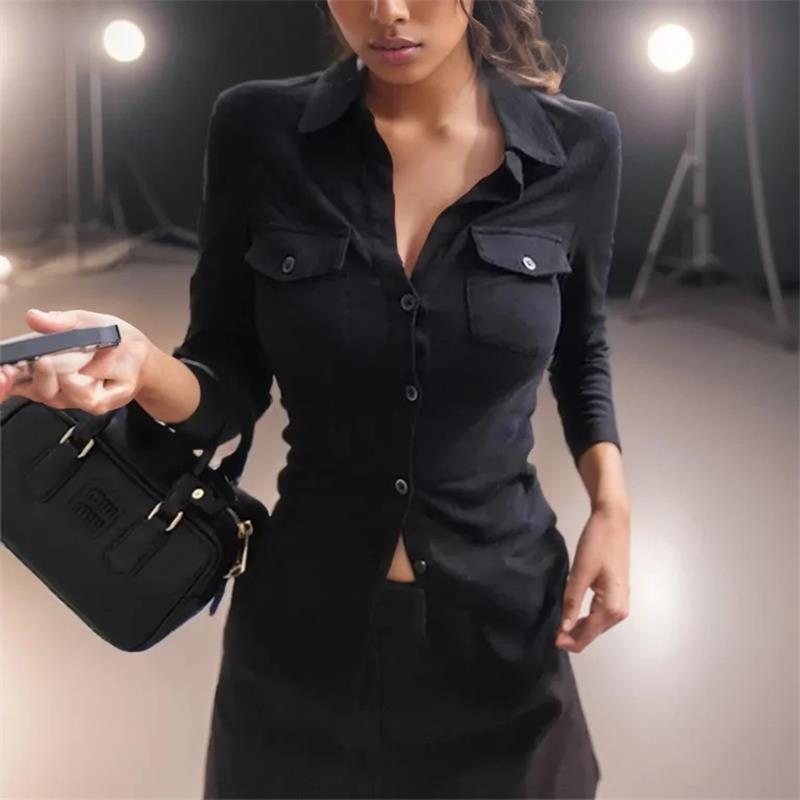 Chemises noires femme élégante mode Streetwear femme mince Blouse printemps été mince Y2K décontracté bureau dames Sexy hauts blanc