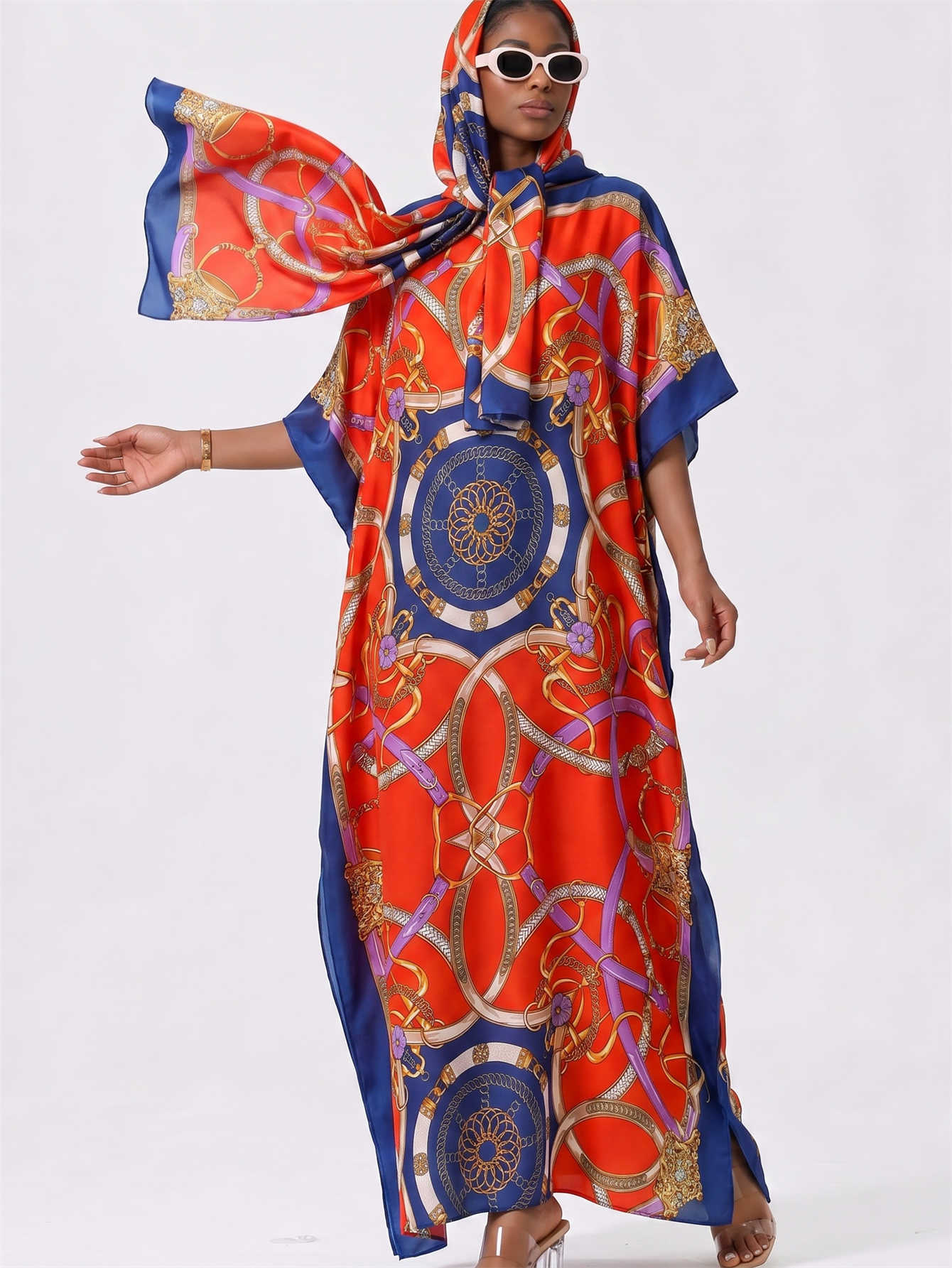 Kaftan Abaya musulman pour femmes avec hijab assorti, imprimé chaîne, robe maxi ample à manches chauve-souris, ensemble de robe longue pour femmes malaisiennes