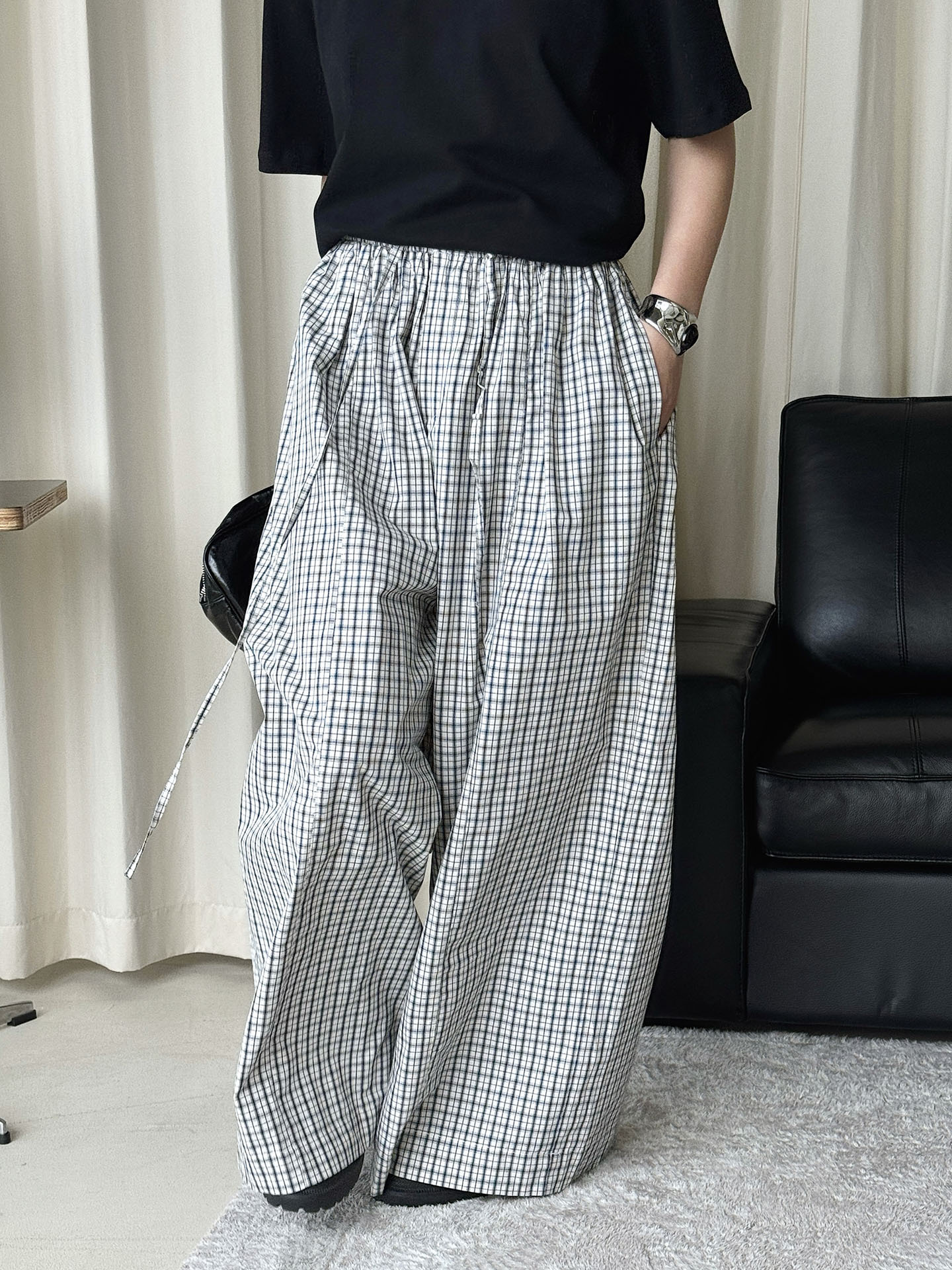 Pantalon décontracté à carreaux de style japonais pour femmes, avec cordon élastique, nouvelle collection d'été