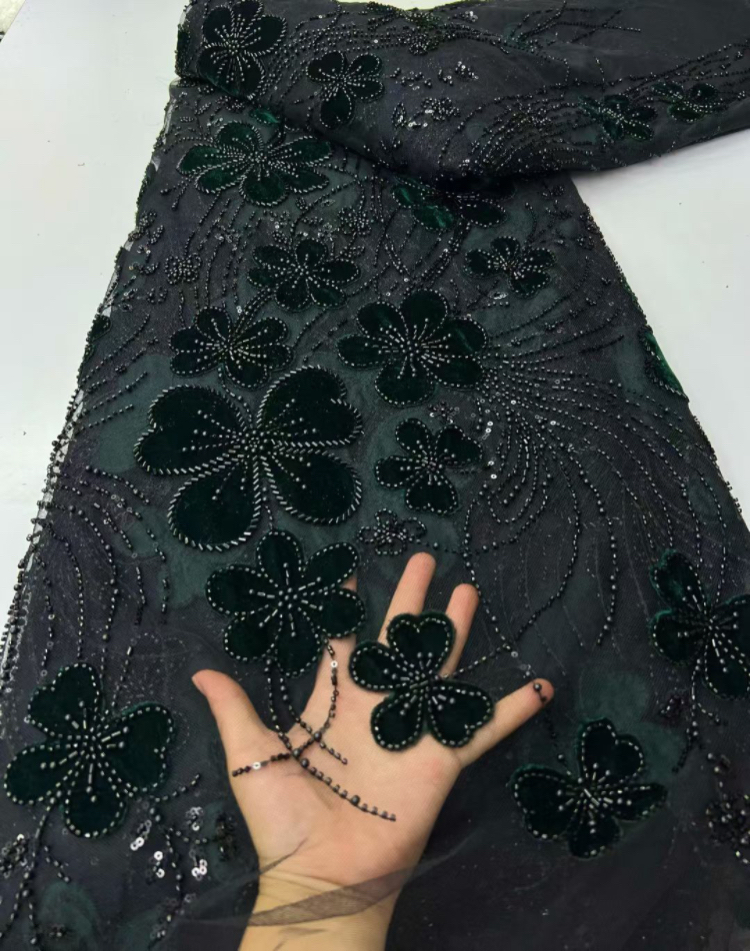 Robe de mariée française en dentelle à fleurs 3D, tissu africain nigérian en dentelle brodée de paillettes perlées pour fête de mariage A1080