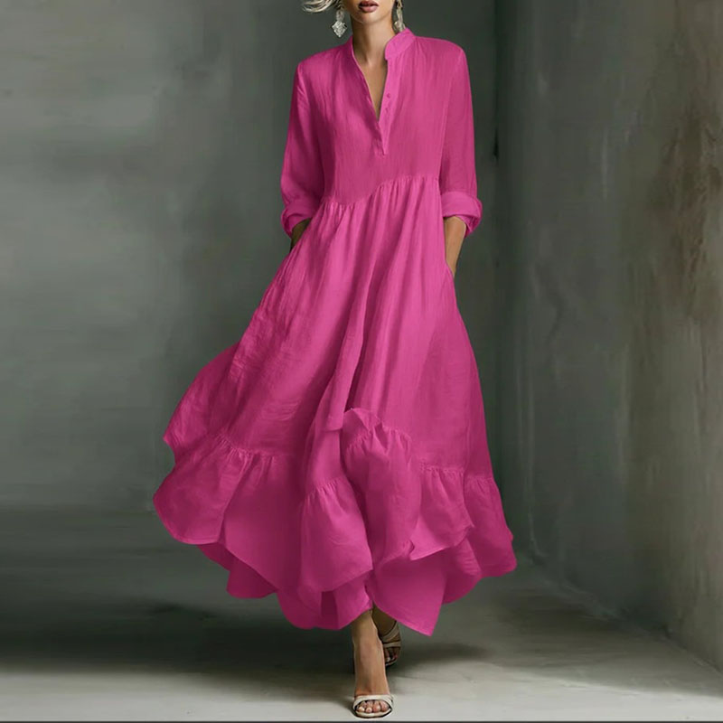 Robes décontractées pour femmes Printemps 2026 – Élégante robe longue trapèze à col en V et taille haute, style rétro uni, manches 3/4, ourlet à volants, robe maxi bohème