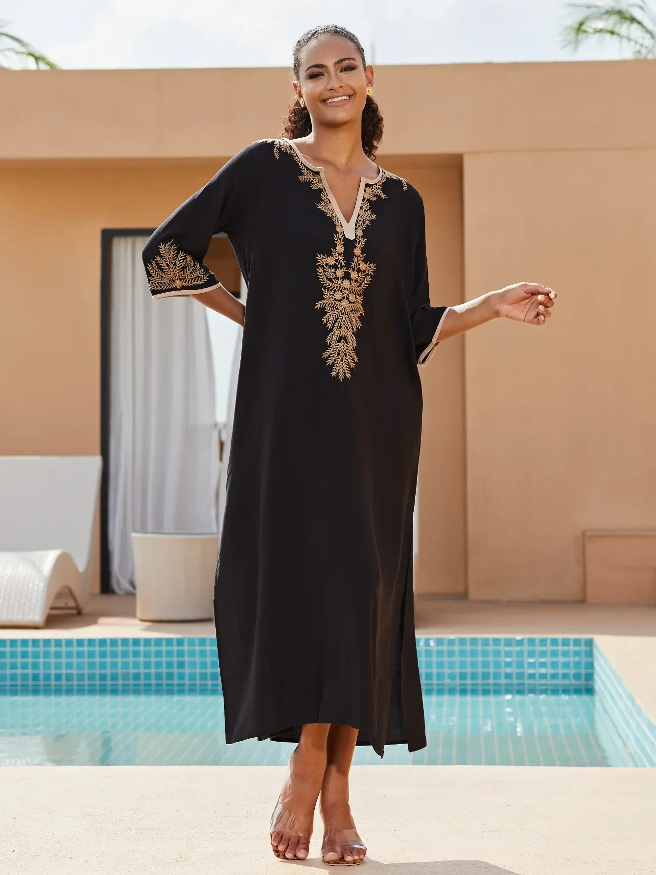 Robe de maillot de bain caftan de plage brodée pour femmes, couverture de maillot de bain Bikini à manches courtes