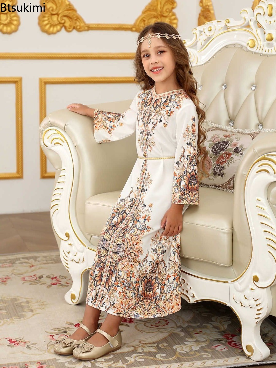 Robes du moyen-orient pour filles, mode musulmane Abayas, caftan arabe turc, dubaï, vêtements islamiques pour enfants, robe imprimée, Robes de soirée