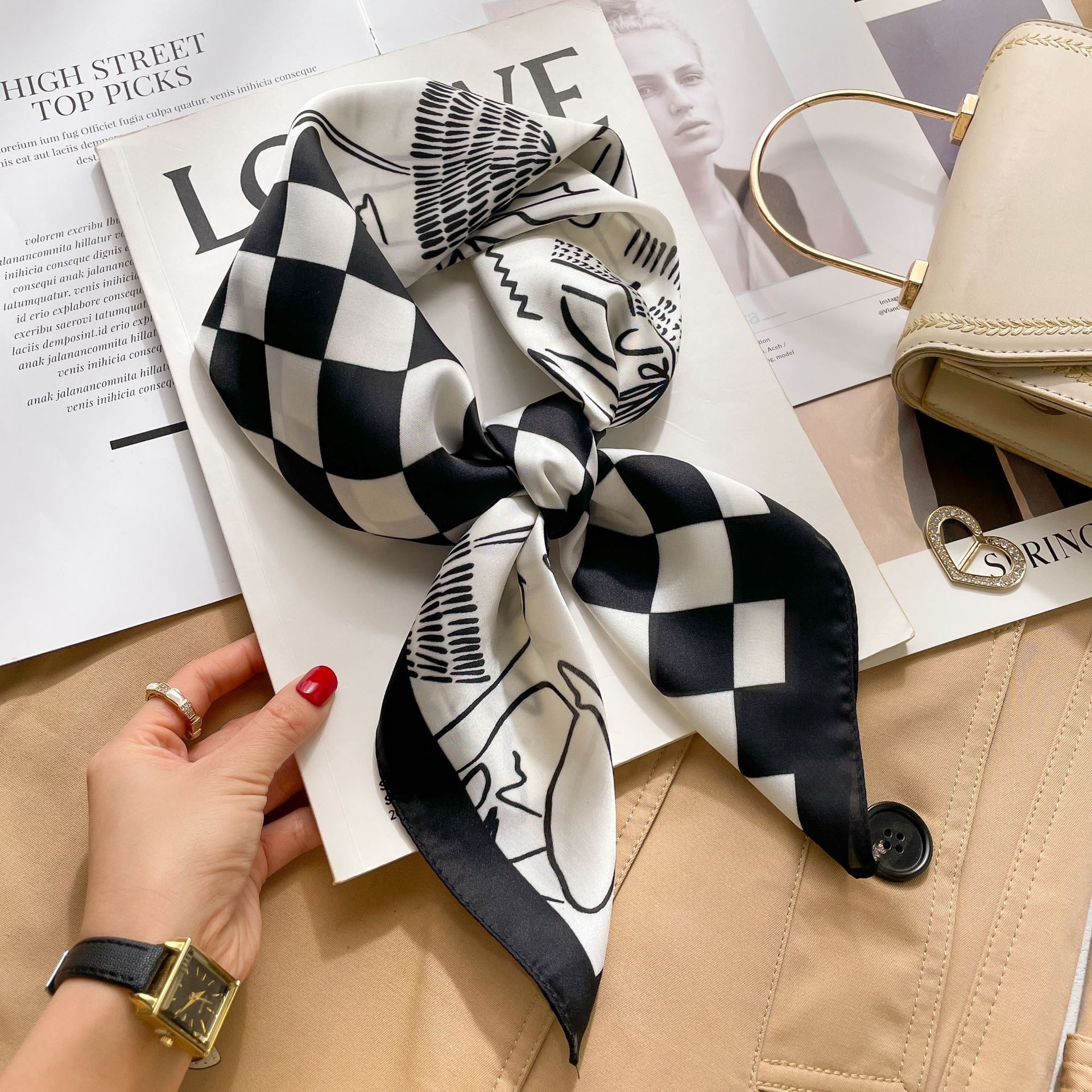 Haute qualité noir blanc foulard en soie foulard carré en soie pour femmes sac à main écharpe de luxe pour les femmes foulard en soie de créateur