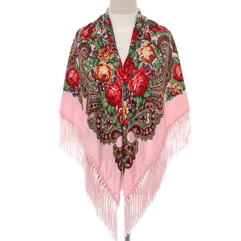 Grand foulard carré de Style russe pour femmes, châle rétro à franges en coton imprimé, enveloppes Hijab, châles ethniques, Bandana, 135x135cm