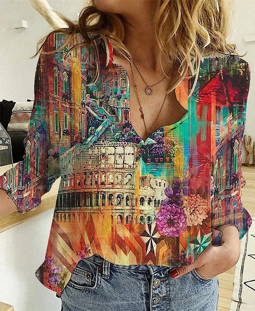 Chemise ample élégante pour femme, décontractée pour le week-end, imprimé floral 3D, chemise à manches longues pour femme, hauts et chemisiers tendance pour femme