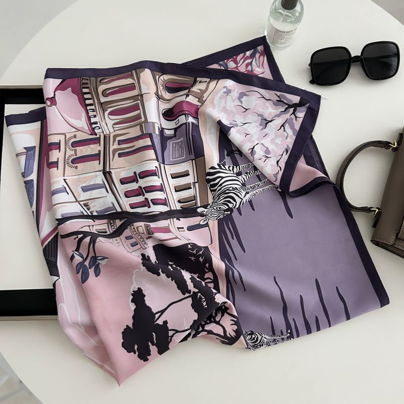 Nouvelle Écharpe en Soie pour Femme, Texture Soie Imitée, Imprimé Tendance, Violet Élégant, 90 x 90 cm, en Twill, Douce pour la Peau