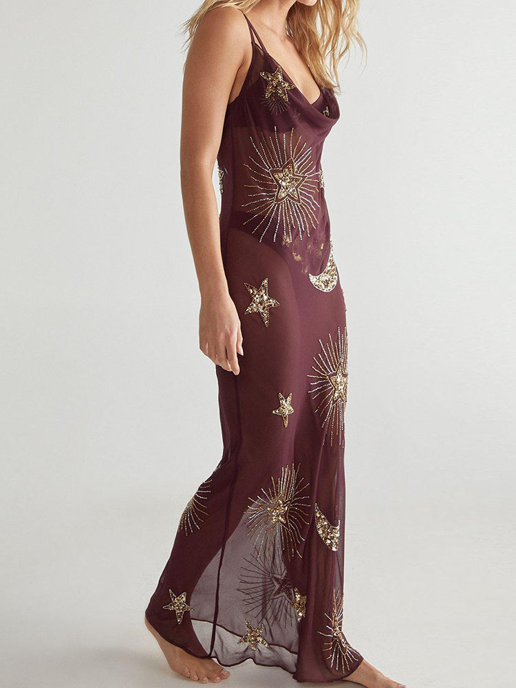 Robe longue de plage pour femmes, col en v, dos nu, Slim, ligne a, Sexy, broderie de paillettes, Perspective, bretelles, été, 2025