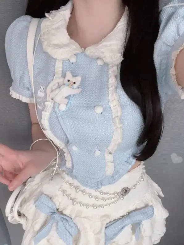 Kawaii Lolita Ensemble deux pièces pour femme, patchwork japonais, mini jupe trempée, femme décontractée, mode coréenne, Y2k, doux, mignon