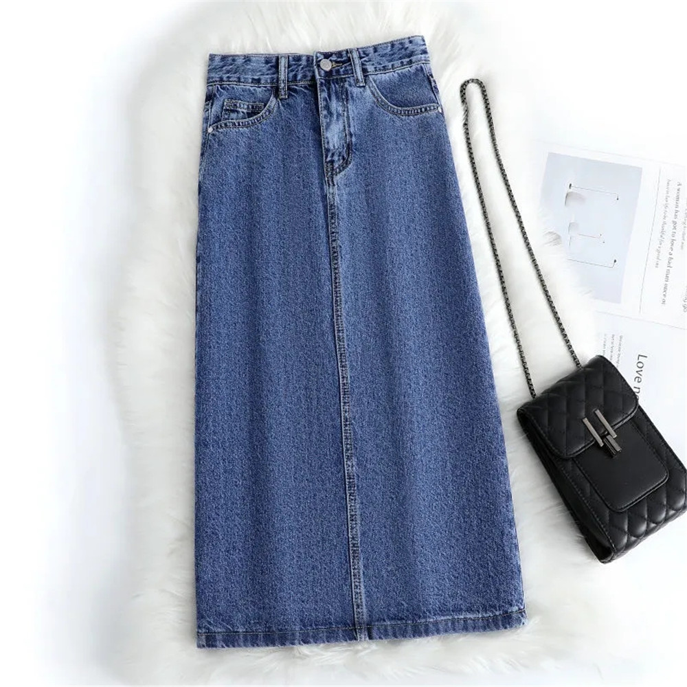 Femmes Denim jupe printemps une ligne été taille haute ample ourlet fendu bleu foncé Chic décontracté Streetwear Jean Midi jupe Streetwear