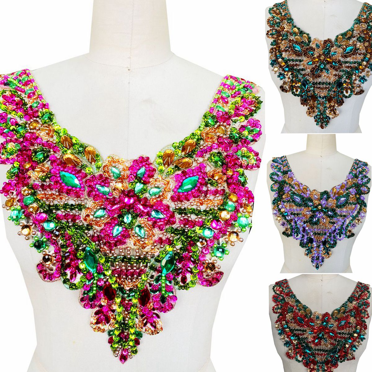 5 Style National col en V Tulle vêtements décoration arabe robe musulmane tissu de luxe à la main paillettes cristal diamant chaud matériel