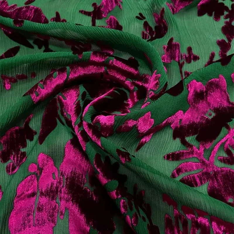 Robe Cheongsam en Velours pour Femme, Crêpe Inicante, Écharpe Mûre, Brûlé, Flottant, Grille au Mètre, Plante, Fleur