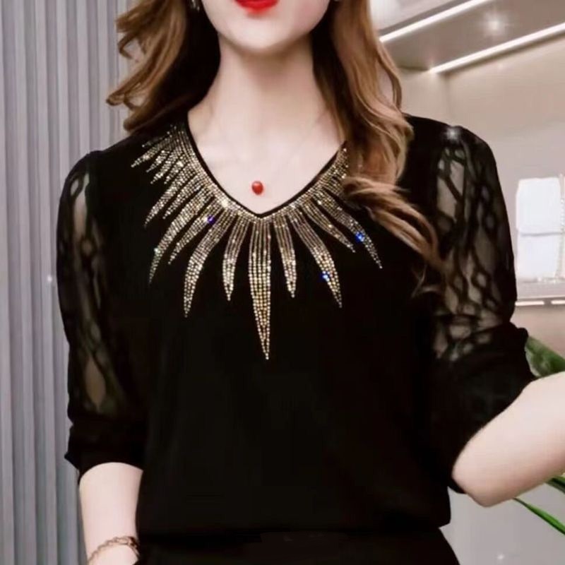 Femmes été T-shirt col en v mode demi manches maille Patchwork T-shirt femmes chemise de fond dames noir pull femmes hauts