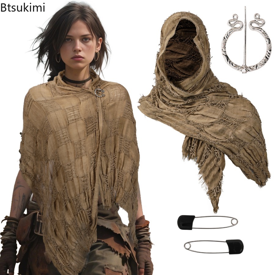 Nouvelle Écharpe Châle Cape Médiévale 2026, Style Viking avec Broche, Châle à Capuche Style Mendiant, Mode Décontractée Polyvalente Streetwear