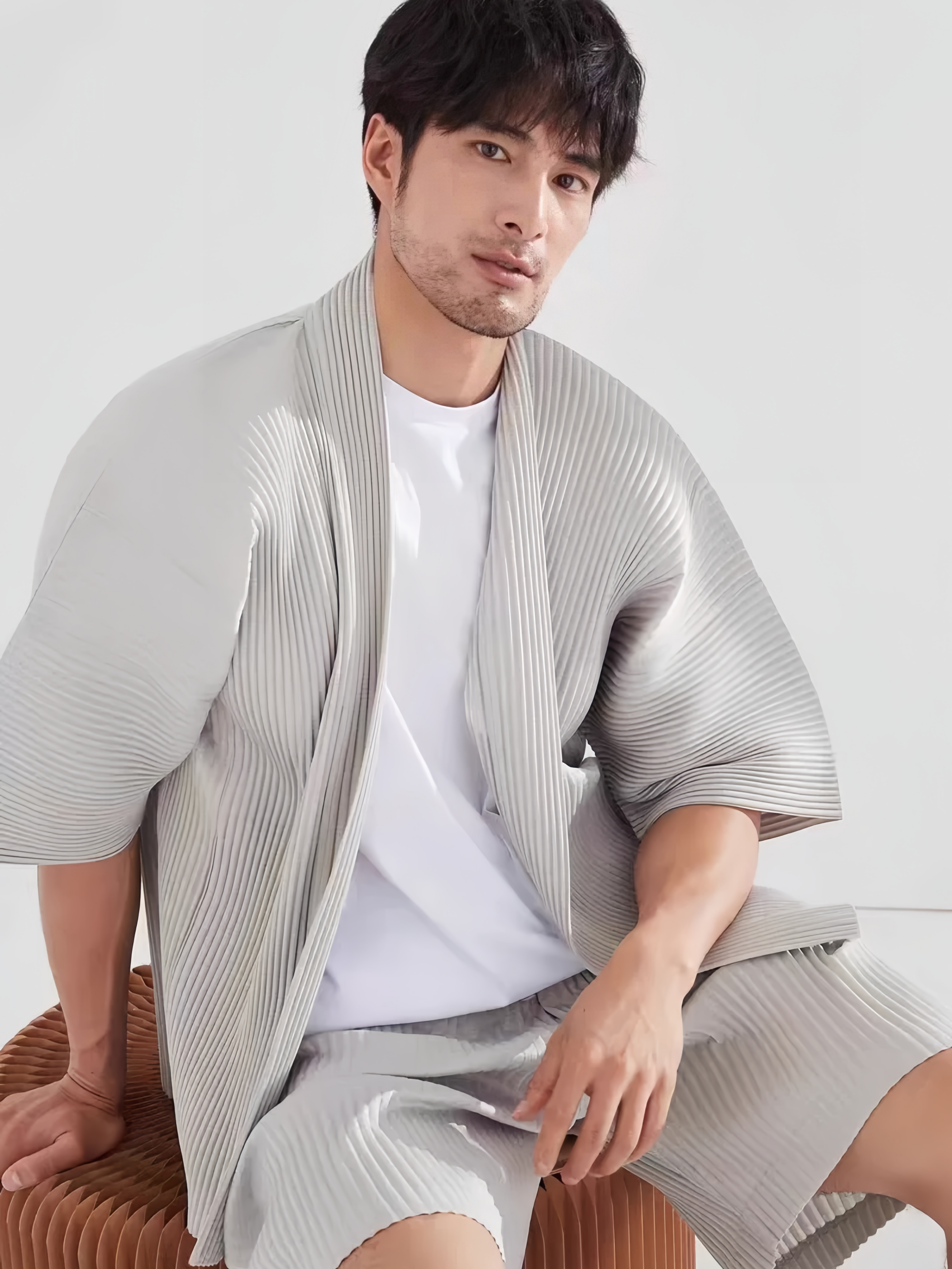 Veste Kimono Plissée Miyake pour Homme, Style Japonais, Manches Courtes, Ouverte sur le Devant, Cardigan Décontracté, Coupe Ample, Haut Streetwear