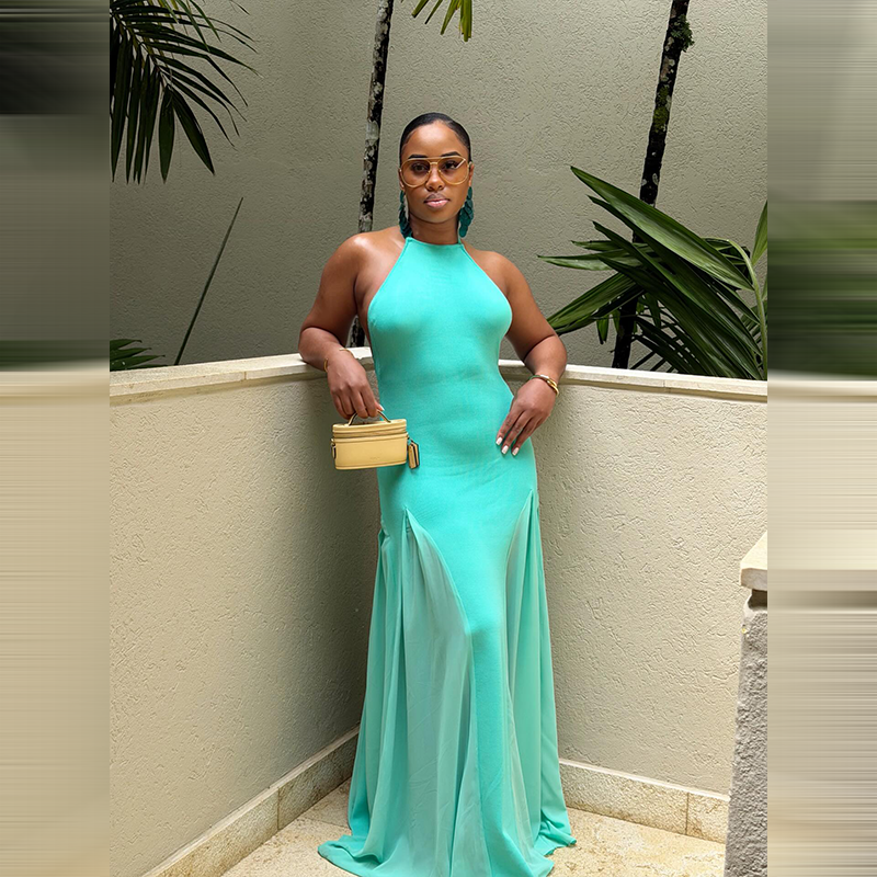 Robe longue sirène élégante turquoise à col halter, chic, sans manches, dos nu, moulante, nouvelle collection 2026, pour occasions formelles et vacances d'été