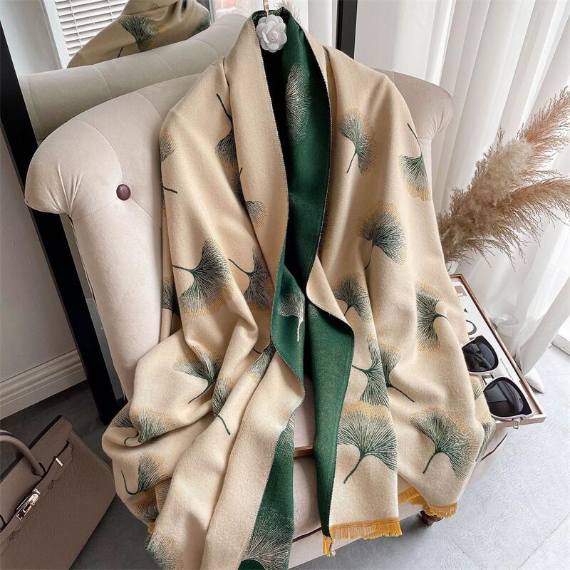 Couverture en cachemire épais bleu pour femme, écharpe chaude, Pashmina, châle, enveloppes d'hiver, Bufanda, imprimé feuilles, nouveau Design, Poncho