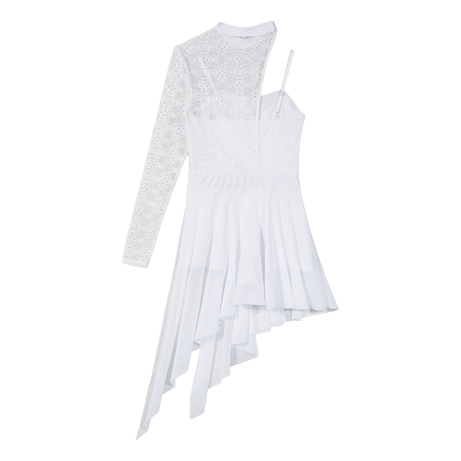 Robe de danse lyrique pour femmes, asymétrique épaule dénudée, manches longues, dentelle transparente, maille fendue, Tutu, justaucorps de patinage de Ballet, vêtements de danse de ballerine