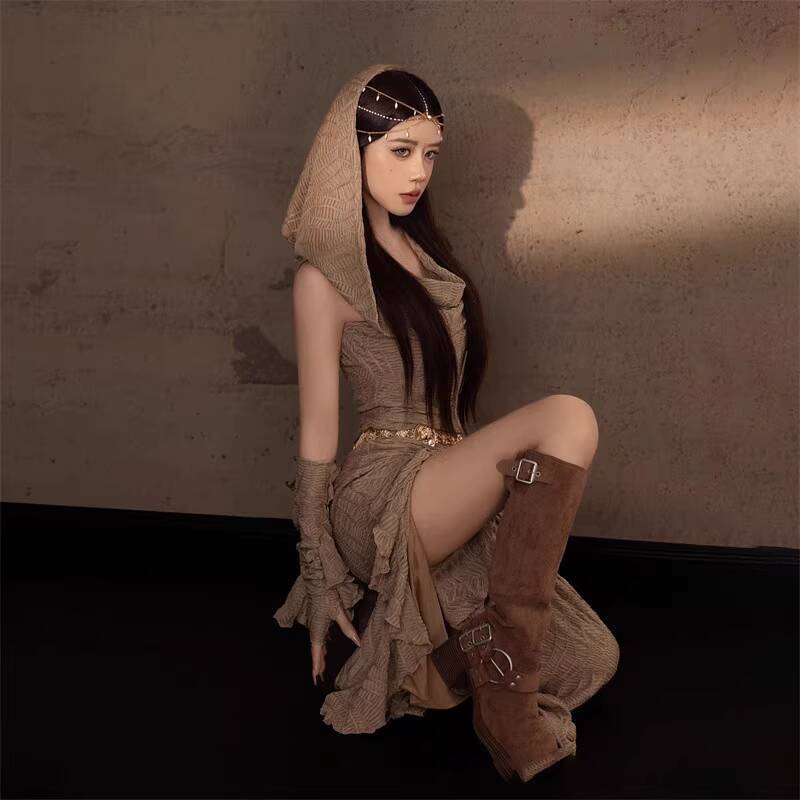 Femmes robe à capuche 2025 nouveau Wasteland vent désert Style influenceur manches détachables avec ceinture femmes robe