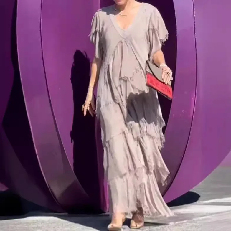 Robe longue sexy pour femmes, col en V, manches courtes, à volants, coupe ajustée, élégante, pour soirée, maxi, à empiècements, coupe A-line, taille haute