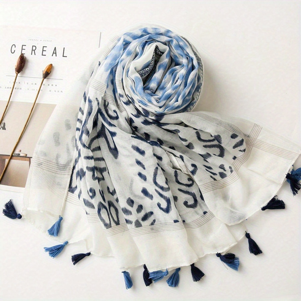 Écharpe légère à franges de Style bohémien, imprimé géométrique rétro bleu et blanc, nouvelle collection élégante en mousseline de soie balineuse rétro pour dames, 1 pièce