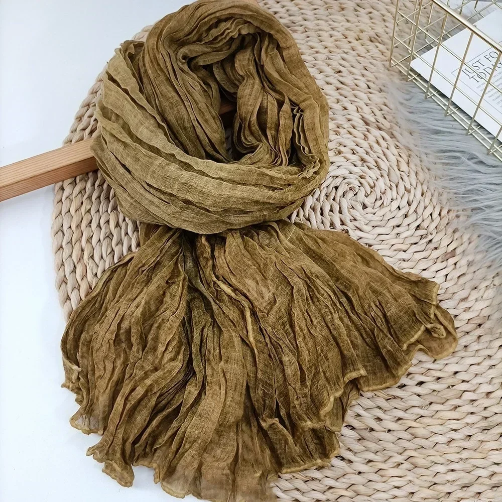 Écharpe en coton et lin, couleur unie, Texture littéraire féminine, longueur pliable, pâte frite fine, torsades ethniques, châles printemps automne hiver