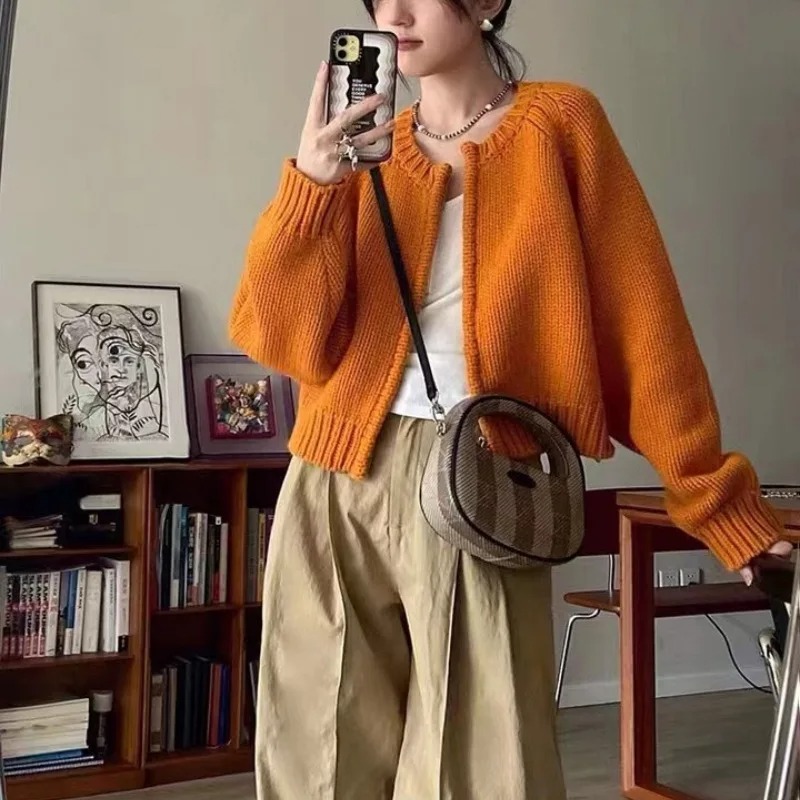 Femmes coréennes pull tricoté automne hiver Chic ample à manches longues Cardigan hauts Simple couleur unie pull veste