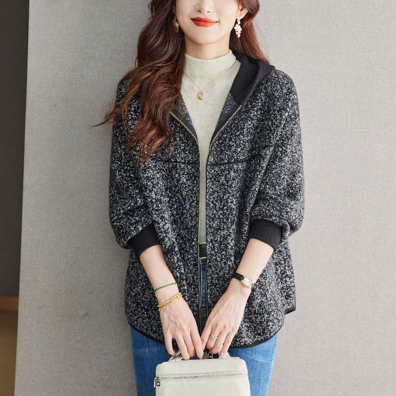 Manteau en Laine Tendance Automne Hiver pour Femme, Nouvelle Veste Décontractée à Capuche Zippée pour Mère d'Âge Moyen, Vêtement d'Extérieur