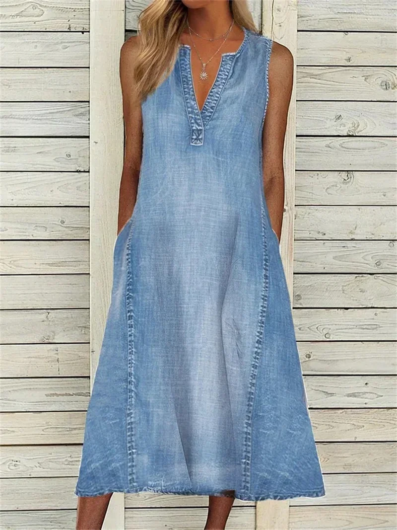 Robe pull à col en V profond pour femmes, double poche latérale, robe en fibre de denim mince, décontracté, bureau féminin, été, 2024