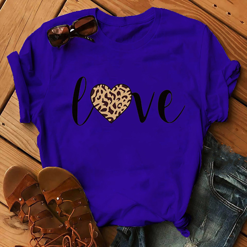 Léopard amour imprimé femmes t-shirt à manches courtes col rond lâche femmes t-shirt dames mode t-shirt hauts vêtements Camisetas Mujer