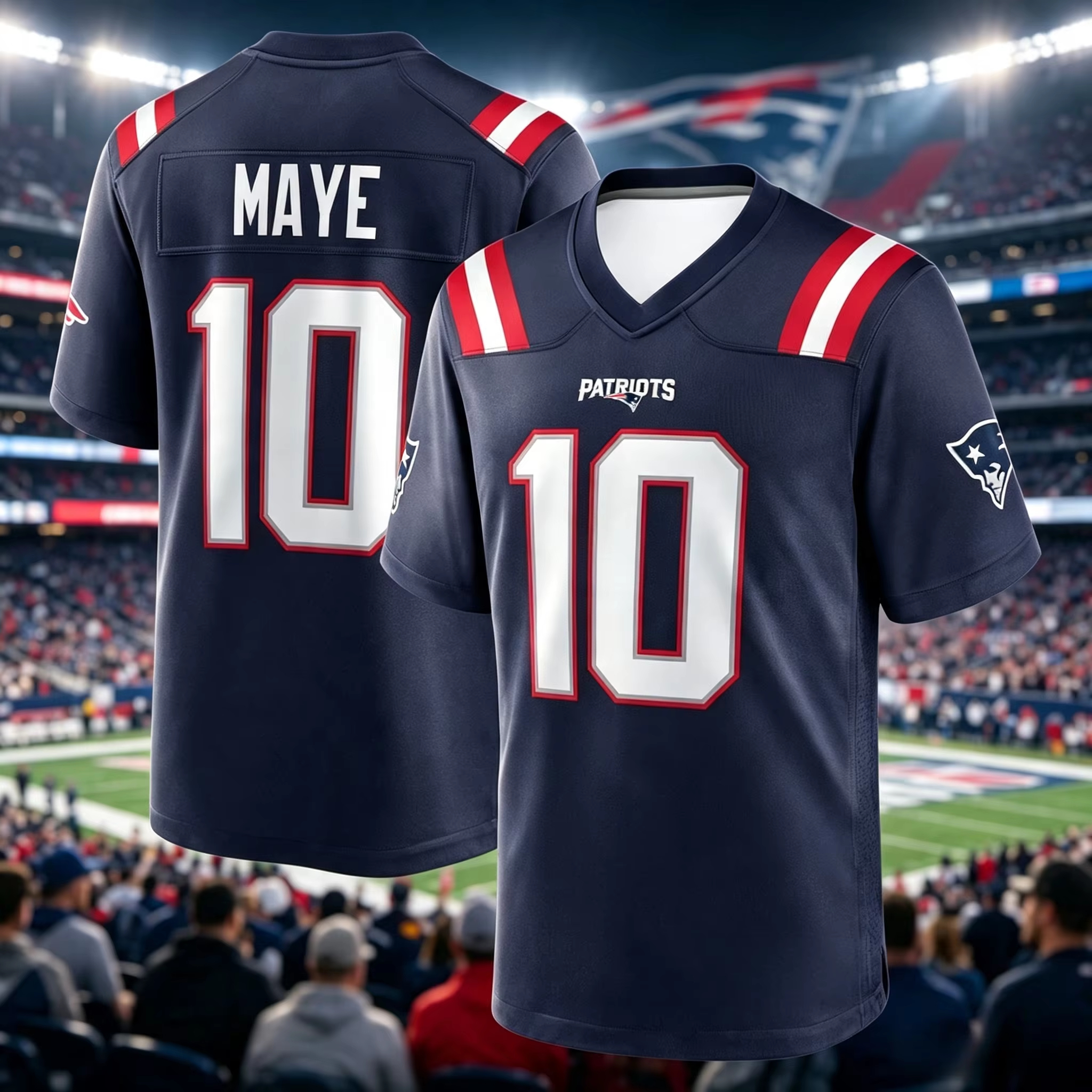 Maillot de football Patriots Maye n°10 à impression double face, uniforme de jeu à manches courtes et col en V pour hommes, maille respirante à motif œil d'oiseau, soutien pour les supporters.