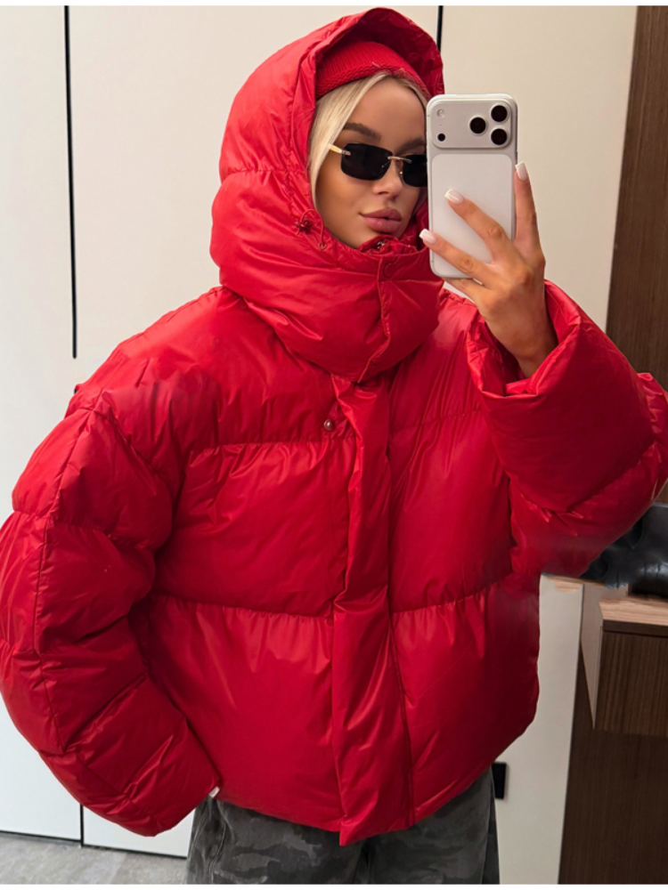 Veste matelassée à capuche rouge vif pour femme, col oversize, matelassage horizontal, épaisse et rembourrée, coupe courte, manteau chaud d'hiver