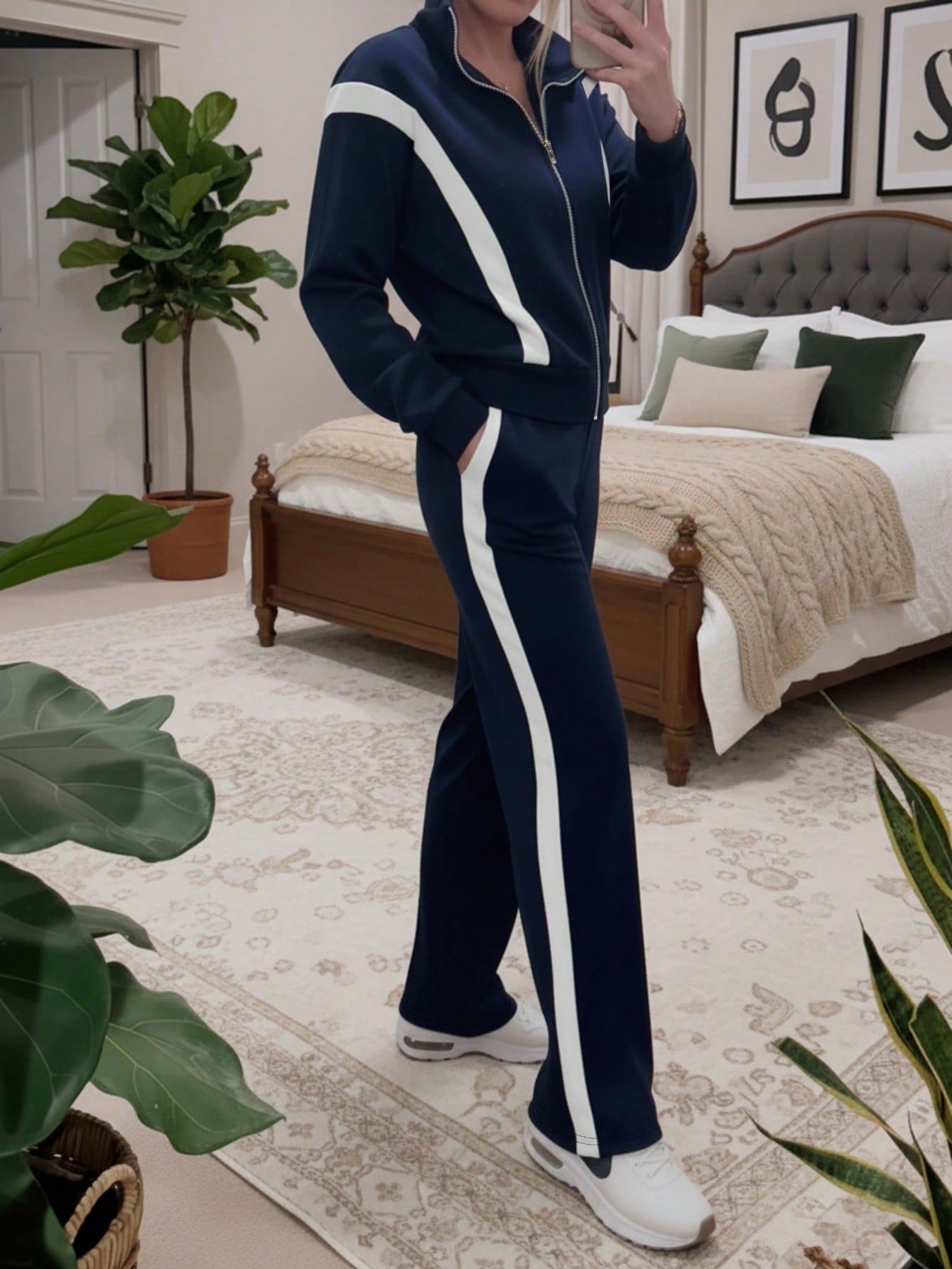 Ensemble décontracté pour femme : veste à manches longues confortable et ample avec coutures contrastées + pantalon droit rayé contrastant, ensemble deux pièces