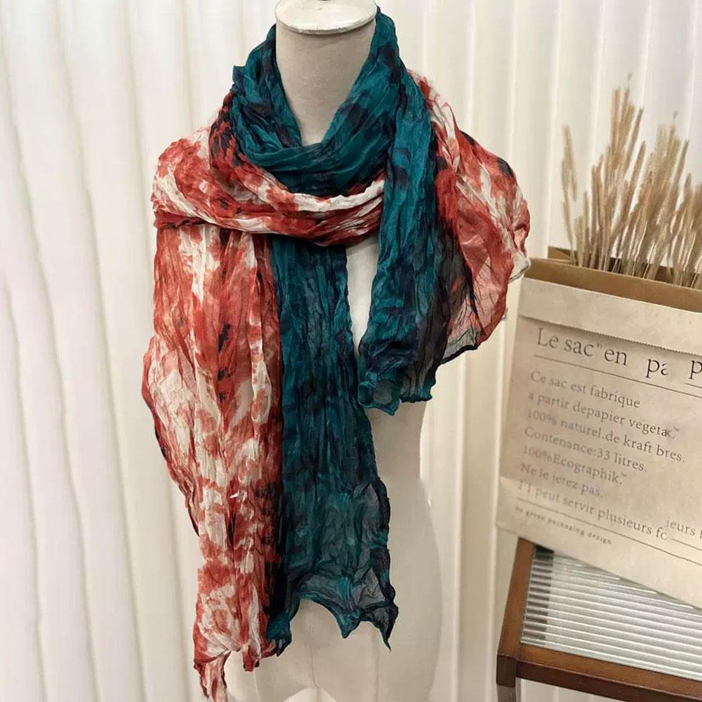Écharpe d'hiver pour femmes coton chanvre dégradé bleu automne hiver rétro polyvalent imprimé femmes longue pli châle élégant Bandana
